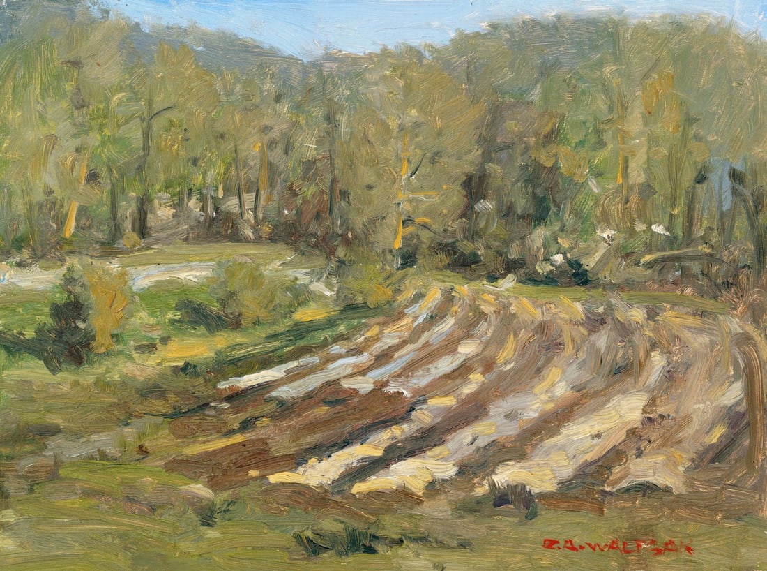Robert Waltsak (NJ,b 1944) oil painting: ARTIST: Robert Alan Waltsak (New Jersey, born 1944) TITLE: Country Landscape MEDIUM: oil on board CONDITION: Few minor scratches/paint losses. No visible inpaint under UV li