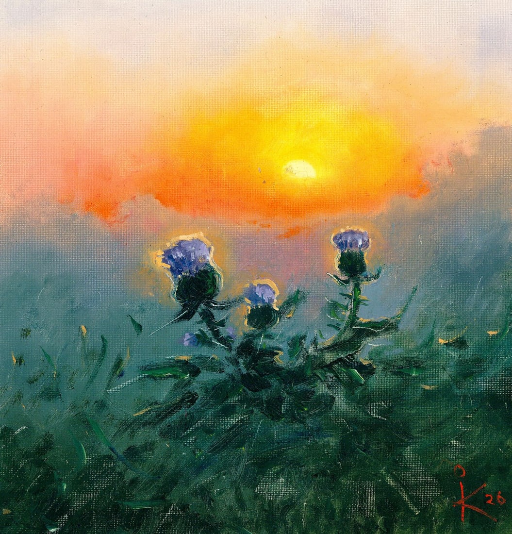 Inna Kravtsova (Ukraine,20/21C) oil painting: ARTIST: Inna Kravtsova (Ukrainian, 20/21 centuries) TITLE: Sunset Landscape with Thistles MEDIUM: oil on canvas CONDITION: Very good. No visible inpaint under UV light. <