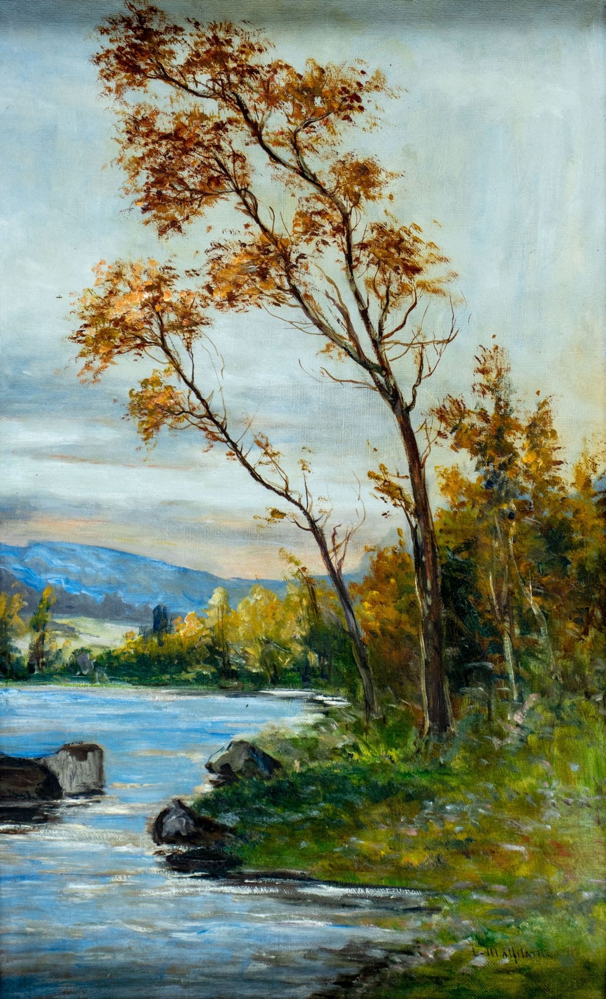 Lucie Malfilatre (France,1871-?) oil painting: ARTIST: Lucie Malfilatre (French, 1871 - ???) TITLE: Autumn River Landscape MEDIUM: oil on canvas CONDITION: Minor scratches/paint losses. No visible inpaint under UV ligh