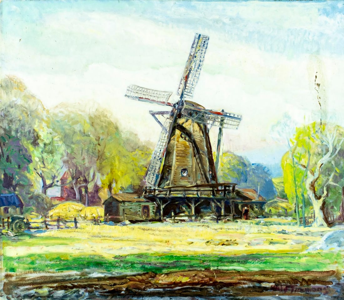 Edward Timmons (IL,CA,WI,1882-1960) oil painting: ARTIST: Edward J F Timmons (Illinois, California, Wisconsin, 1882 - 1960) TITLE: Windmill Landscape MEDIUM: oil on canvas CONDITION: Three patches. Some damages to the cor