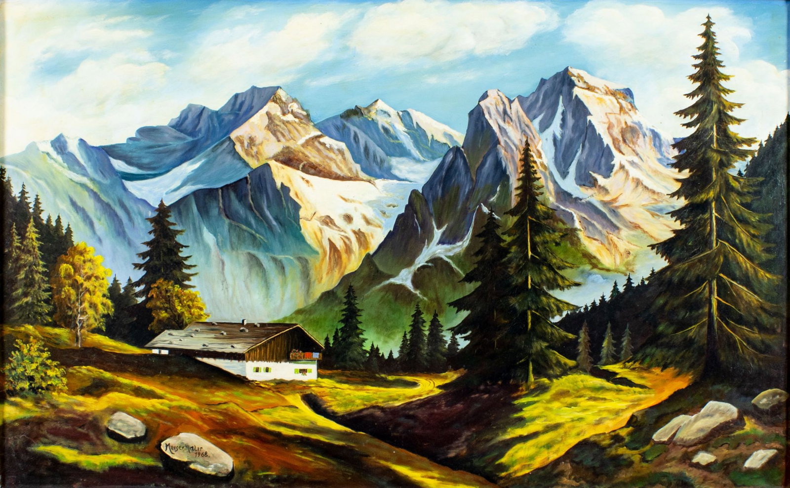 Mergenthaler (German,20C) oil painting: ARTIST: Mergenthaler (Germany, 20 century) TITLE: Alpine Landscape with House YEAR: 1968 MEDIUM: oil on canvas CONDITION: Missing few flakes of paint. Mi