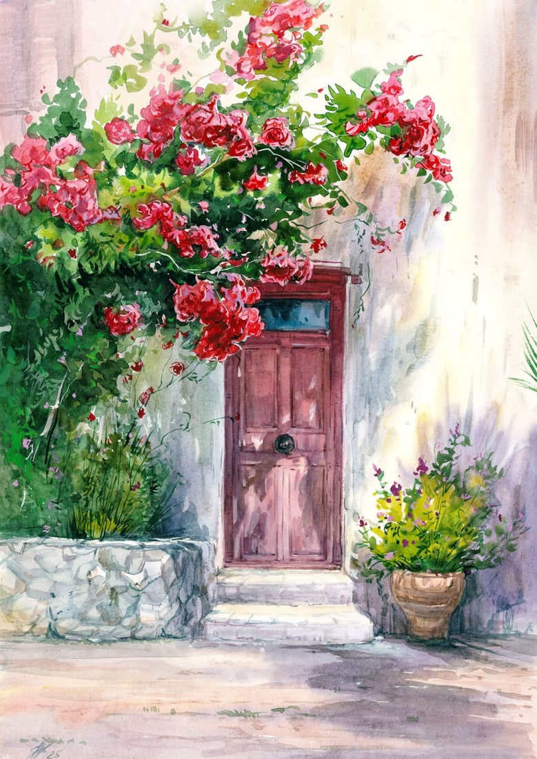 Yana Karpenko (Ukraine,20/21C) watercolor painting: ARTIST: Yana Karpenko (Ukrainian, 20/21 centuries) TITLE: Garden Scene MEDIUM: watercolor on heavy paper CONDITION: Very good. ART SIZE: 17 x 12 inches /