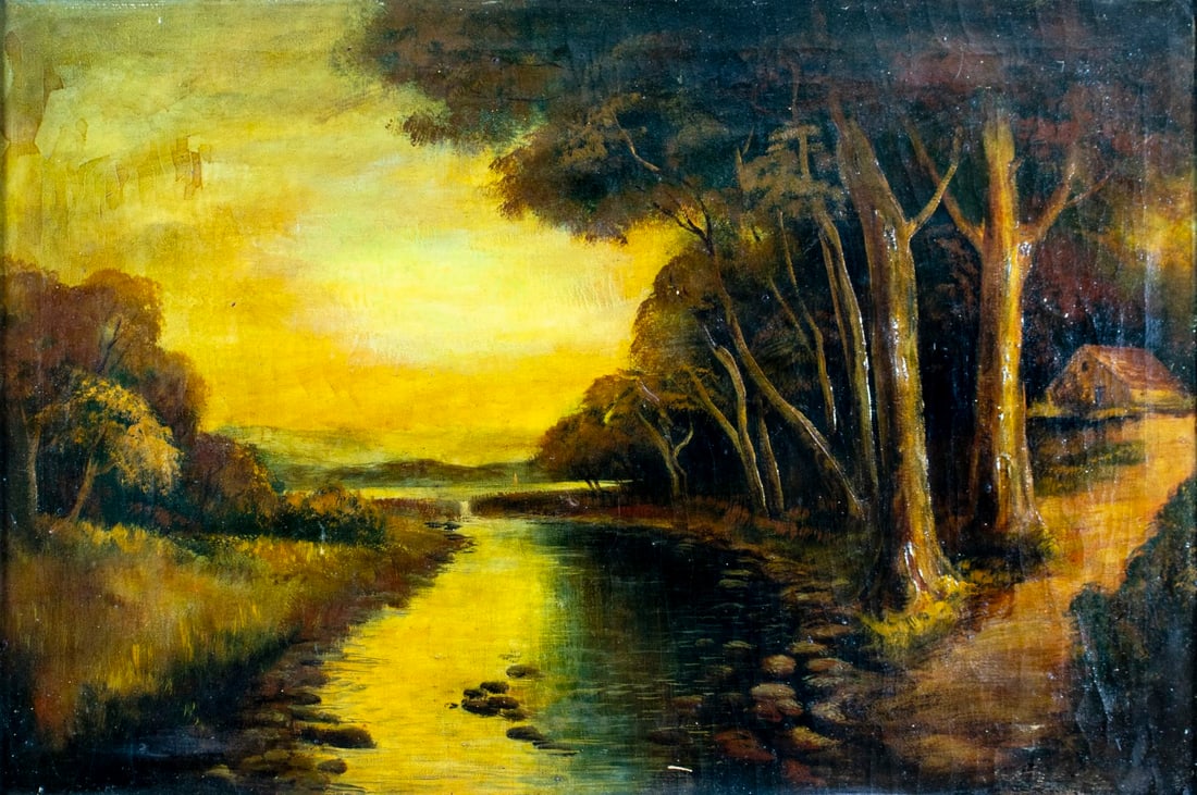 Antique early 20C American oil painting: ARTIST: - (American, early 20 century) TITLE: Sunset River Landscape MEDIUM: oil on canvas CONDITION: One repaired tear. Some small scratches/paint losses. Some craquelu