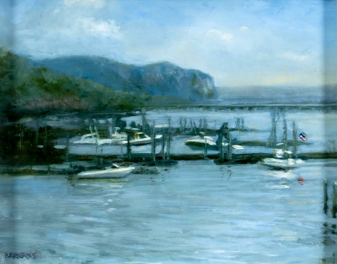 Sue Barrasi (NY,20/21C) oil painting: ARTIST: Sue Barrasi (New York, 20/21 centuries) TITLE: Hudson River Docks MEDIUM: oil on board CONDITION: Very good. No visible inpaint under UV light. Wear to frame.