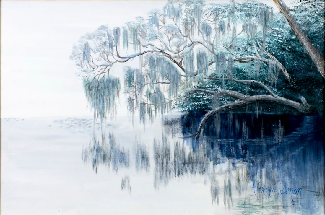 Alexander Simon (US,20C) oil painting: ARTIST: Alexander Simon (American, 20 century) TITLE: Marsh Landscape MEDIUM: oil on canvas CONDITION: Overall good. No visible inpaint under UV light. ART SIZE:<