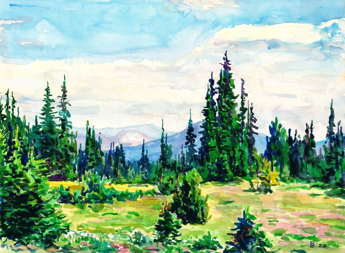Vasil Golendir (Ukraine,20/21C) watercolor painting: ARTIST: Vasil Golendir (Ukrainian, 20/21 centuries) TITLE: Forest Landscape MEDIUM: watercolor on heavy paper CONDITION: Very good. ART SIZE: 12 x 16 inc