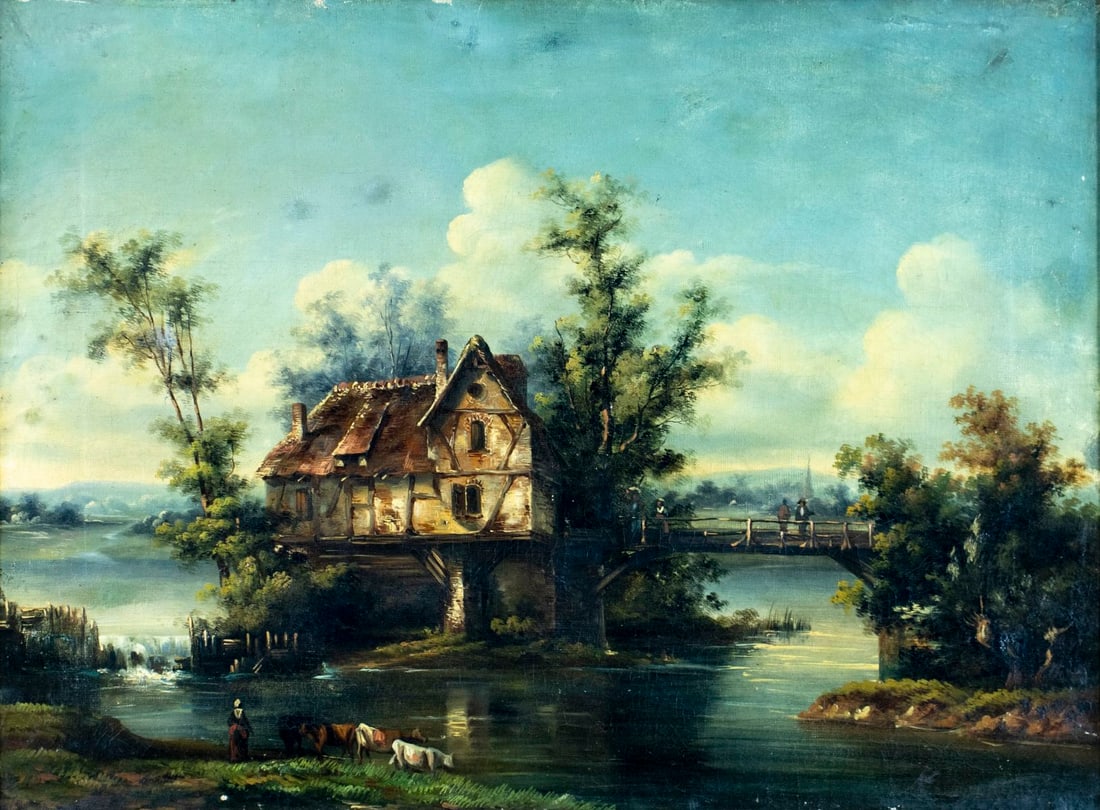 Antique 19C European oil painting: ARTIST: - (Europe, 19 century) TITLE: Lake Landscape with Cottage YEAR: 1886 MEDIUM: oil on canvas CONDITION: Relined. Some scratches/paint losses. Som