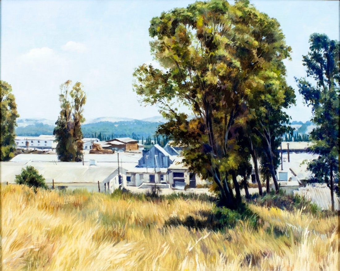 Vintage 20C American oil painting: ARTIST: - (American, 20 century) TITLE: Urban Landscape MEDIUM: oil on canvas CONDITION: One inpainting by the lower left corner (1 1/2" x 1"). Some small damages to frame