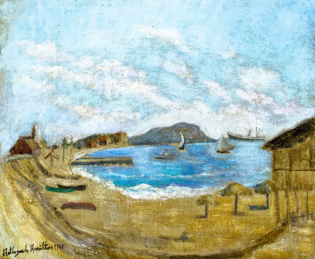 Hildegarde Hamilton (FL,VA,1898-1970) oil painting: ARTIST: Hildegarde Hume Hamilton (Florida, Virginia, 1898 - 1970) TITLE: Coastal Landscape with Sailboats, Ecuador YEAR: 1961 MEDIUM: oil on canvas CONDITION:</