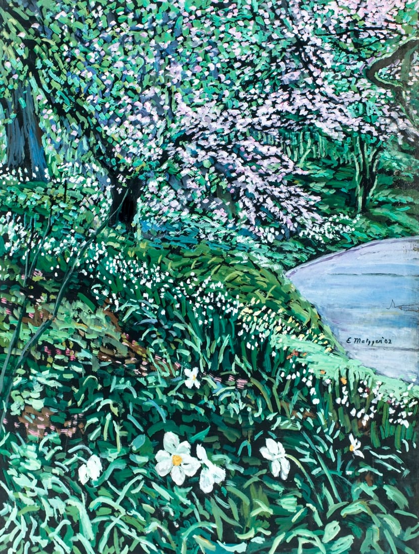 Evelyn Metzger (NY,Brazil,1911-2007) oil painting: ARTIST: Evelyn Borchard Metzger (New York, Brazilian, 1911 - 2007) TITLE: Garden Path with Cherry Tree YEAR: 2002 MEDIUM: oil on board CONDITION: Some