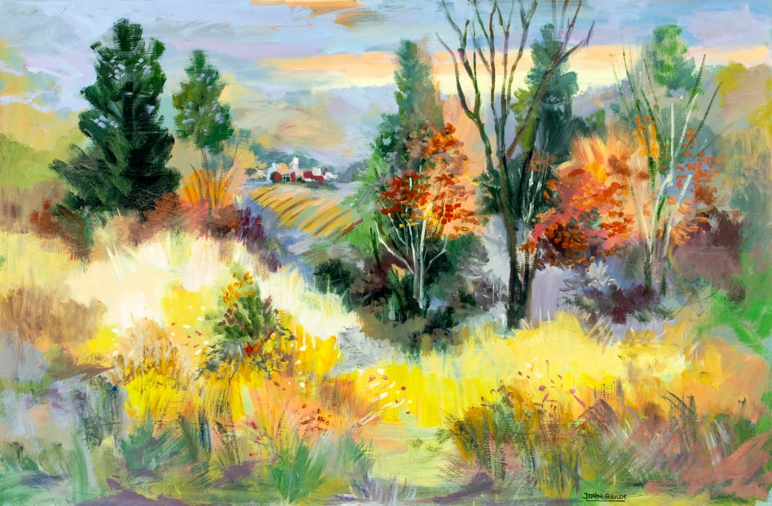 John Reilly (NY,NJ,1942-2021) oil painting: ARTIST: John Reilly (New York, New Jersey, 1942 - 2021) TITLE: Autumn Coutry Landscape MEDIUM: oil on board CONDITION: Some small damages to corners. Some scratches. No vi
