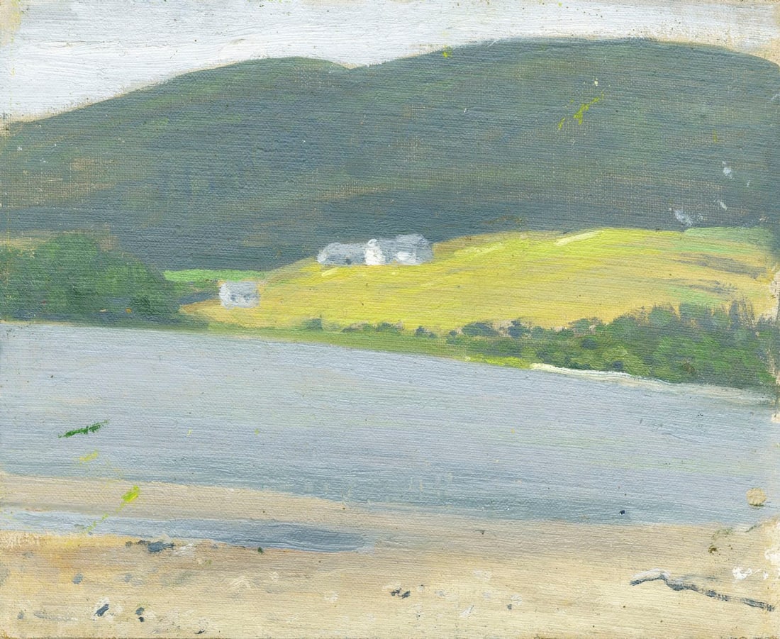 Helen DuMond (NY,CA,OR,1872-1968) oil painting: ARTIST: Helen Savier DuMond (New York, California, Oregon, 1872 - 1968) TITLE: Hilly Landscape MEDIUM: oil on canvas. Canvas applied to board. CONDITION: Some scratches/pa