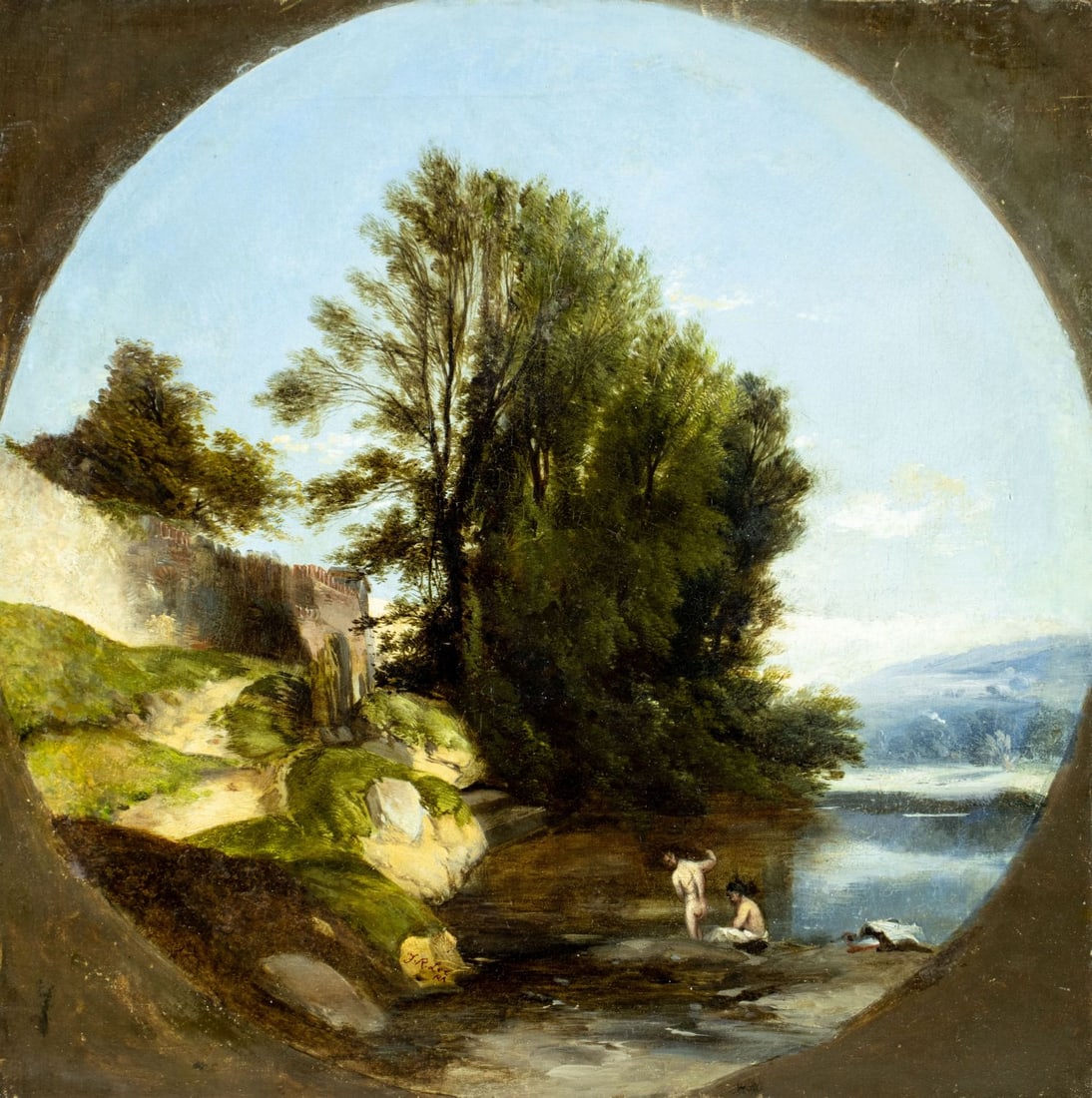 Frederick Richard Lee (UK,1798-1879) oil painting antique: ARTIST: Frederick Richard Lee (United Kingdom, 1798 - 1879) TITLE: River Landscape with Bathers MEDIUM: oil on canvas CONDITION: Relined. Few small scratches/paint losses.