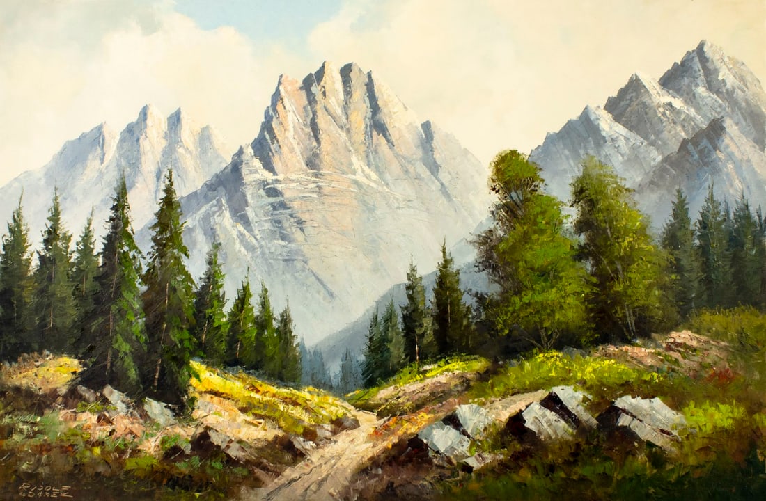 Rudolf Adamek (Europe,20C) oil painting: ARTIST: Rudolf Adamek (European, 20 century) TITLE: Mountain Landscape MEDIUM: oil on canvas CONDITION: Unstretched (In-House stretching available) (In-House stretching avai