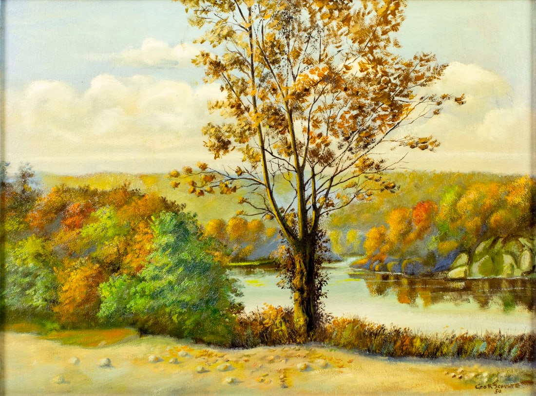 G Schulte (US,mid 20C) oil painting: ARTIST: G Schulte (American, mid 20 century) TITLE: Autumn River Landscape YEAR: 1950 MEDIUM: oil on board CONDITION: Overall good. No visible inpaint u