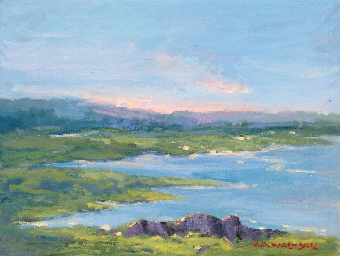 Robert Waltsak (NJ,b 1944) oil painting: ARTIST: Robert Alan Waltsak (New Jersey, born 1944) TITLE: Sunset Coastal Landscape MEDIUM: oil on board CONDITION: Overall good. No visible inpaint under UV light.