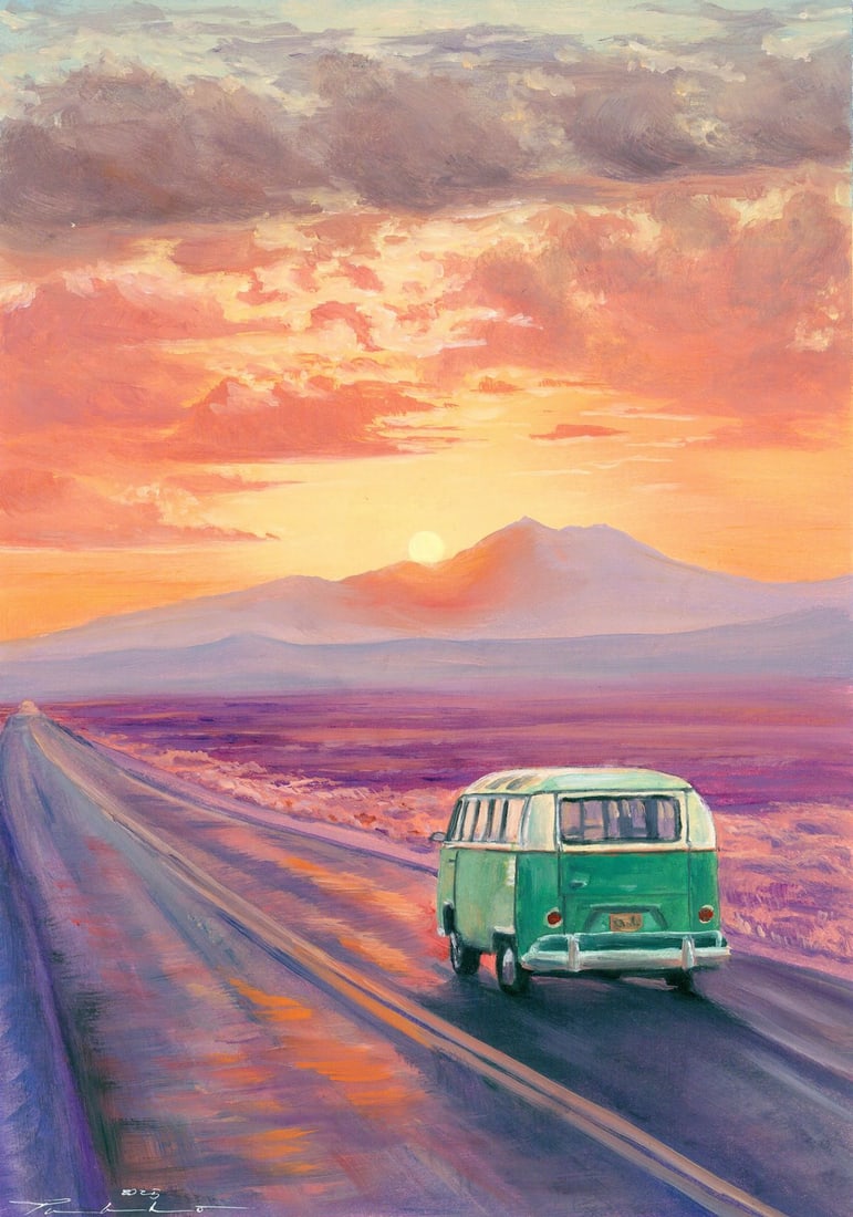 Oleksandr Pukhno (Ukraine,20/21C) oil painting: ARTIST: Oleksandr Pukhno (Ukrainian, 20/21 centuries) TITLE: Sunset Desert Road Landscape with Bus MEDIUM: oil on heavy paper CONDITION: Very good. No visible inpaint under