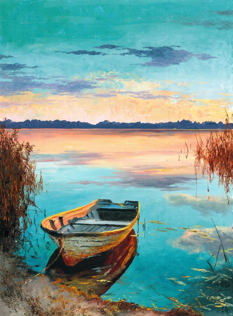 Yuri Klapoukh (Ukraine,20/21C) oil painting: ARTIST: Yuri Klapoukh (Ukrainian, 20/21 centuries) TITLE: Sunset River Landscape with Boat MEDIUM: oil on heavy paper CONDITION: Missing a few flakes of paint. No visible in