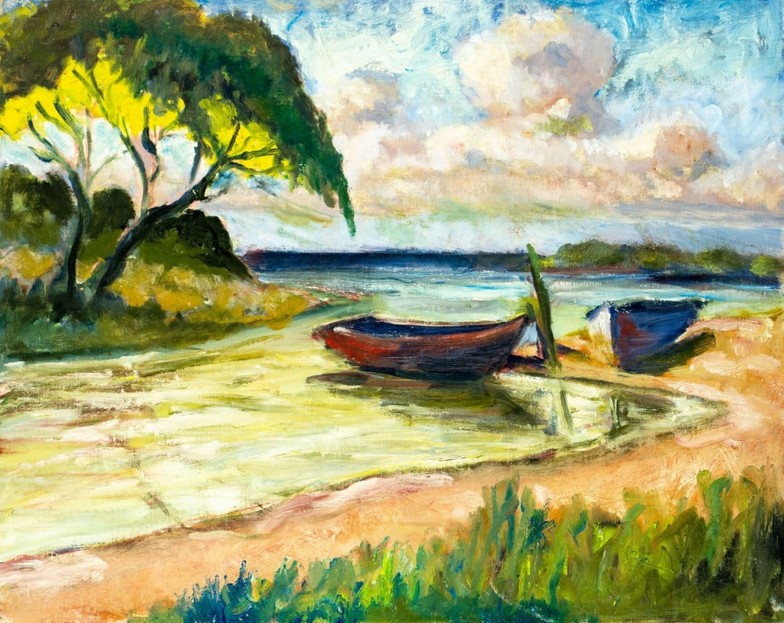 Thelma Thal (NY,1903-2001) oil painting: ARTIST: Thelma Thal (New York, 1903 - 2001) TITLE: Coastal Landscape with Boats MEDIUM: oil on canvas board CONDITION: Minor damages to corners. Few very minor scratches/p