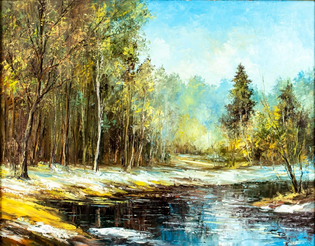 Vintage 20C American oil painting: ARTIST: - (United States, 20 century) TITLE: Winter River Landscape MEDIUM: oil on canvas CONDITION: Some paint losses mostly to the upper edge. Some craquelure. No visible