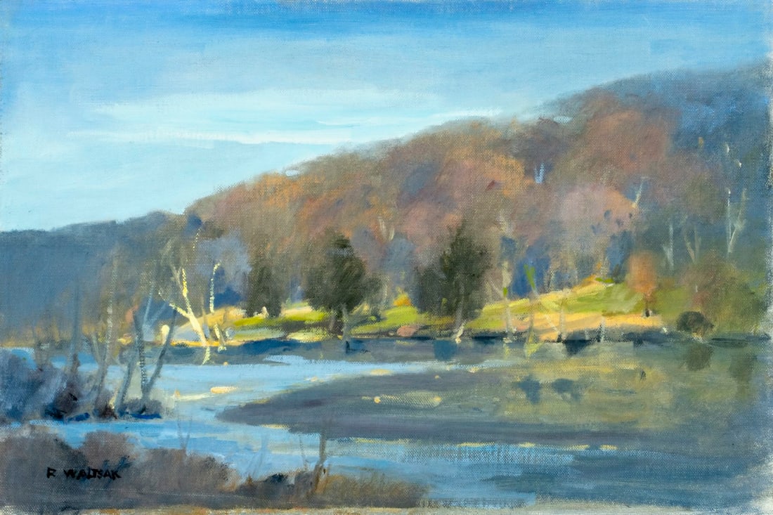 Robert Waltsak (NJ,b 1944) oil painting: ARTIST: Robert Alan Waltsak (New Jersey, born 1944) TITLE: Mountain River Landscape MEDIUM: oil on canvas CONDITION: Very good. No visible inpaint under UV light. Normal wea