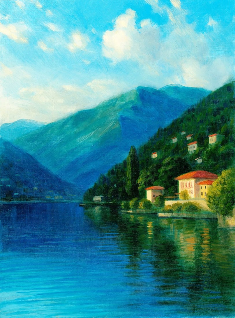 Sergey Kushanov (Ukraine,20/21C) oil painting: ARTIST: Sergey Kushanov (Ukrainian, 20/21 centuries) TITLE: Mountain Lake Landscape, Como, Italy MEDIUM: oil on heavy paper CONDITION: Very good. No visible inpaint under UV
