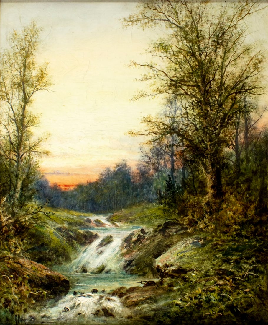 G Cole (US,early 20C) oil painting antique: ARTIST: G Cole (American, early 20 century) TITLE: Sunset Stream Landscape MEDIUM: oil on canvas CONDITION: One small repaired tear by the lower edge with corresponding inpa
