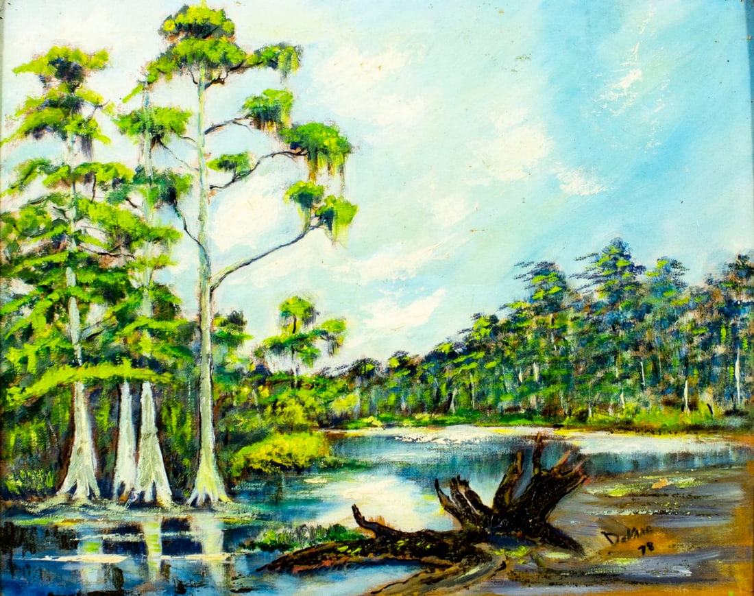 Jerry L DeVane (FL,?-2020) oil painting: ARTIST: Jerry L DeVane (Florida, ??? - 2020) TITLE: River Landscape YEAR: 1978 MEDIUM: oil on canvas board CONDITION: Some nail holes along edges. Few