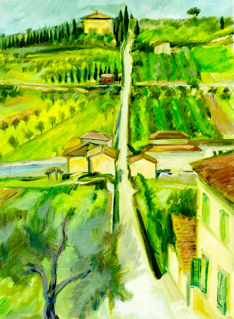 Victoria Donohoe (PA,1929-2018) oil painting: ARTIST: Victoria Donohoe (Pennsylvania, 1929 - 2018) TITLE: Town Landscape MEDIUM: oil on canvas CONDITION: Overall good. No visible inpaint under UV light. Normal wear al