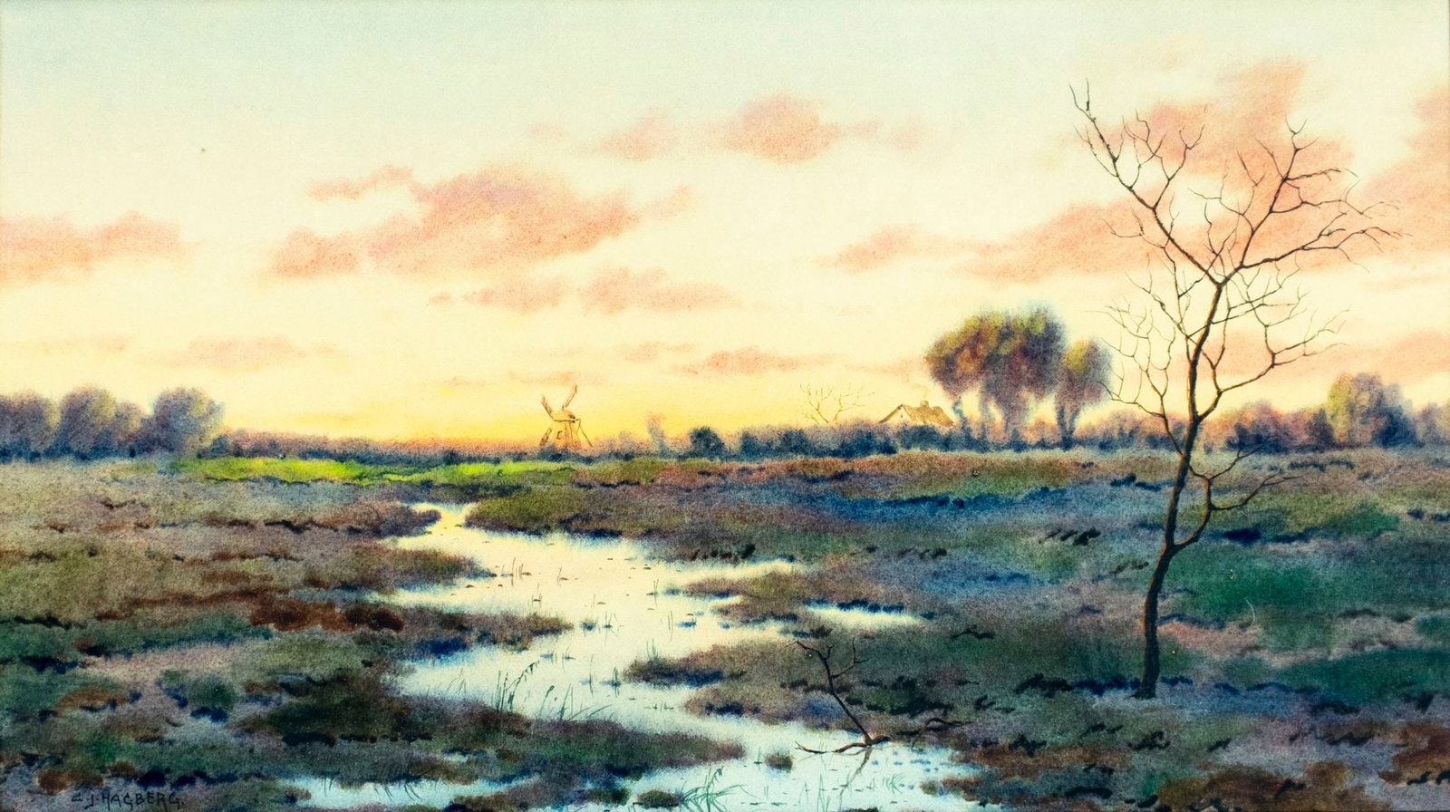 Charles Hagberg (IL,19C) watercolor painting antique: ARTIST: Charles J Hagberg (Illinois, 19 century) TITLE: Sunset Countryside Landscape MEDIUM: watercolor on paper CONDITION: Some age toning. Framed under glass. Some damages