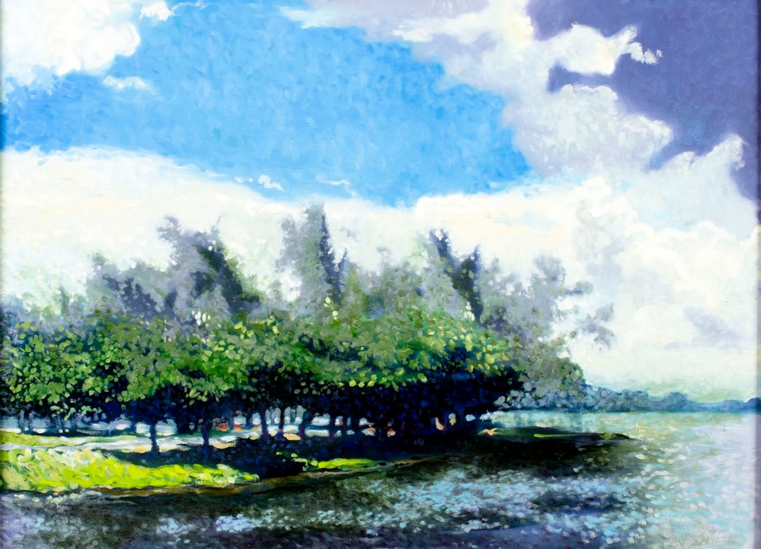 Vintage 20C Florida oil painting signed: ARTIST: - (Florida, 20/21 centuries) TITLE: Lake Landscape MEDIUM: oil on canvas CONDITION: Few very minor paint losses. No visible inpaint under UV light. Minor damages t