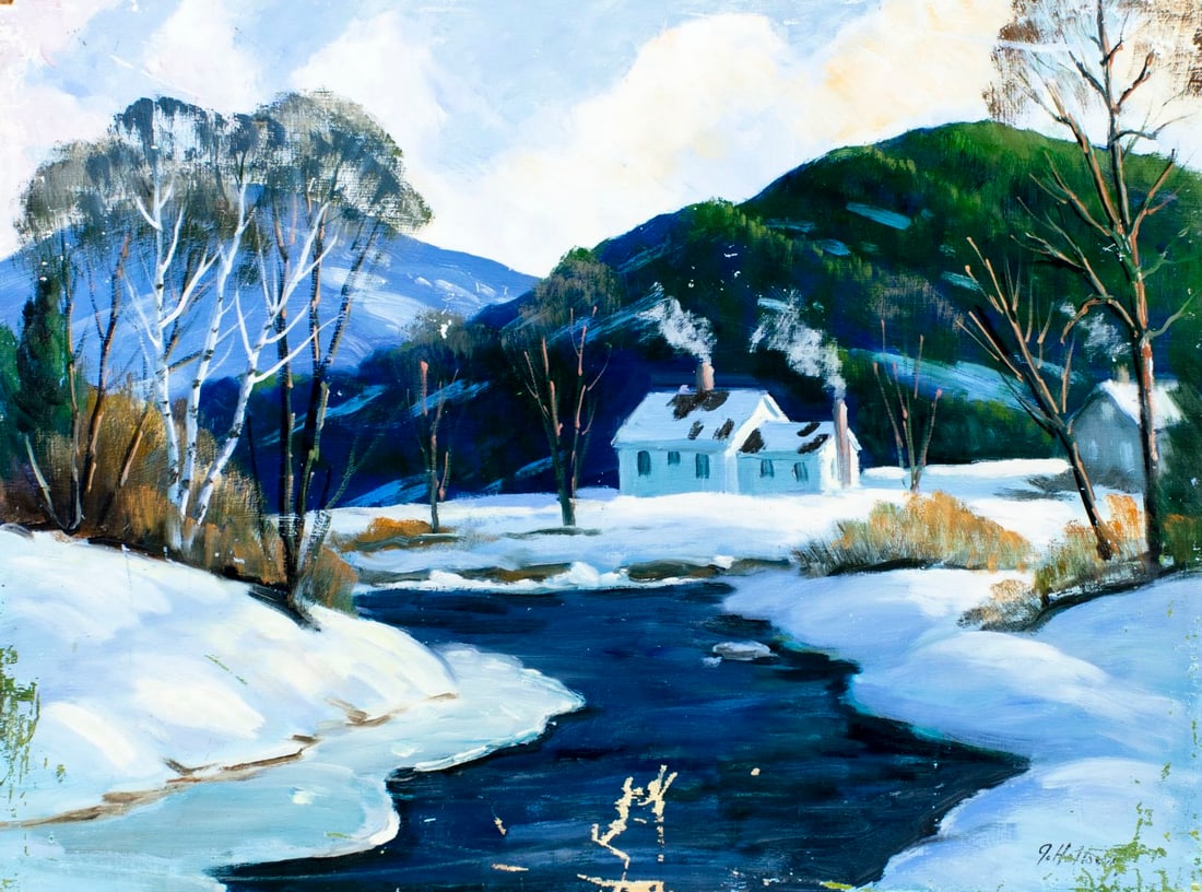 George Holloway (NJ,20C) oil painting: ARTIST: George Holloway (New Jersey, 20 century) TITLE: Winter Hilly Landscape with Houses MEDIUM: oil on board CONDITION: Some damage to the upper left corner. Some scratch
