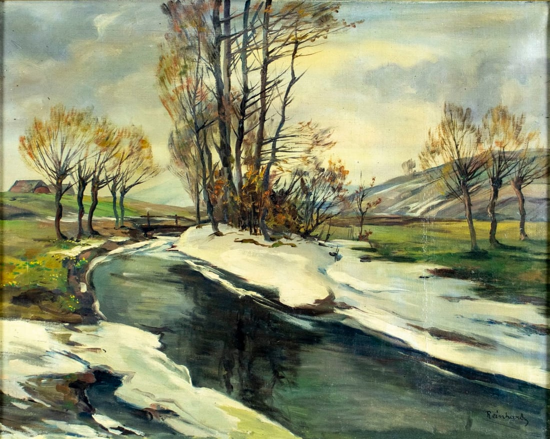 Reinhard (German,mid 20C) oil painting: ARTIST: Reinhard (Germany, mid 20 century) TITLE: Winter Stream Landscape MEDIUM: oil on canvas CONDITION: Few scratches/paint losses. No visible inpaint under UV light. So