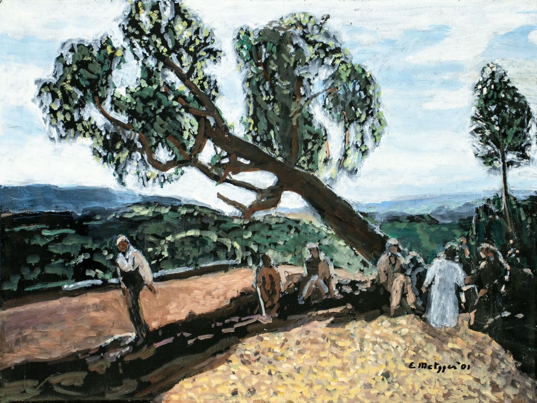Evelyn Metzger (NY,Brazil,1911-2007) oil painting: ARTIST: Evelyn Borchard Metzger (New York, Brazilian, 1911 - 2007) TITLE: Landscape - Ethiopia (titled on verso) YEAR: 2001 MEDIUM: oil on board CONDITION: