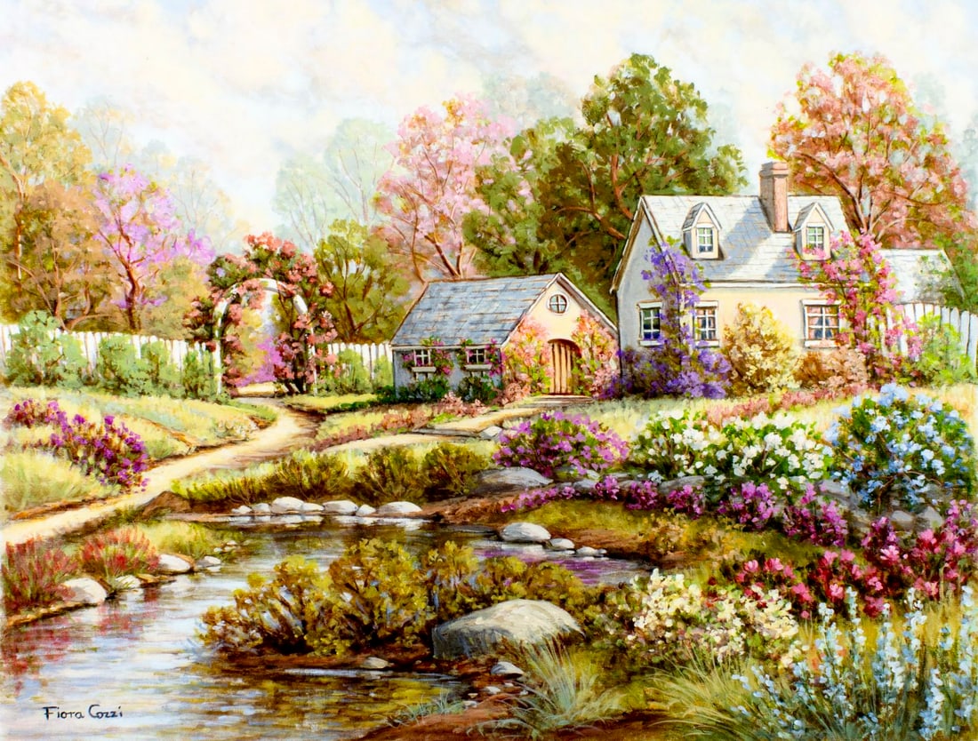 Fiora Cozzi (NY,1922-1992) oil painting: ARTIST: Fiora Cozzi (New York, 1922 - 1992) TITLE: Flower Garden Landscape with Houses MEDIUM: oil on canvas CONDITION: Unstretched (In-House stretching available) (In-Hou