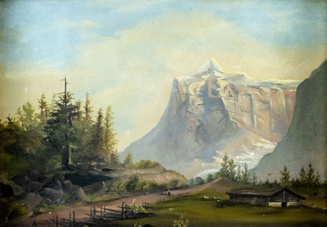 Antique early 20C American oil painting: ARTIST: - (American, early 20 century) TITLE: Mountain Landscape with Barn MEDIUM: oil on board CONDITION: Overall good. No visible inpaint under UV light. Normal wear to
