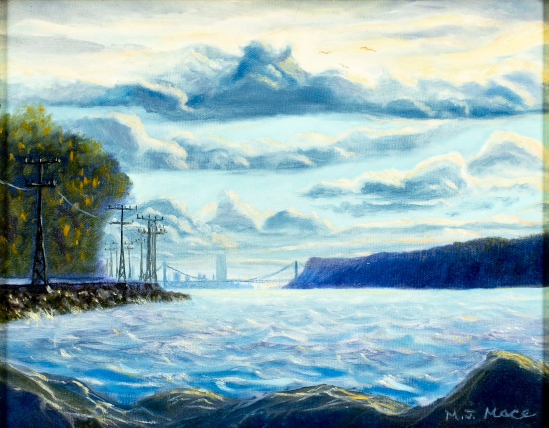 Mark J Mace (NY,20/21C) oil painting: ARTIST: Mark J Mace (New York, 20/21 centuries) TITLE: Hudson River Landscape MEDIUM: oil on canvas CONDITION: Very good. No visible inpaint under UV light. Some small damag