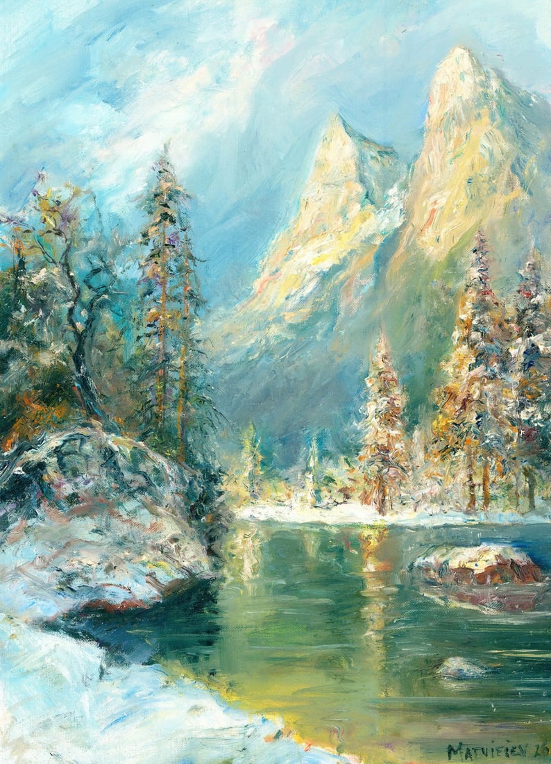Andriy Matveiev (Ukraine,b 1988) oil painting: ARTIST: Andriy Matveiev (Ukrainian, born 1988) TITLE: Winter Mountain Lake Landscape MEDIUM: oil on heavy paper CONDITION: Very good. No visible inpaint under UV light. <