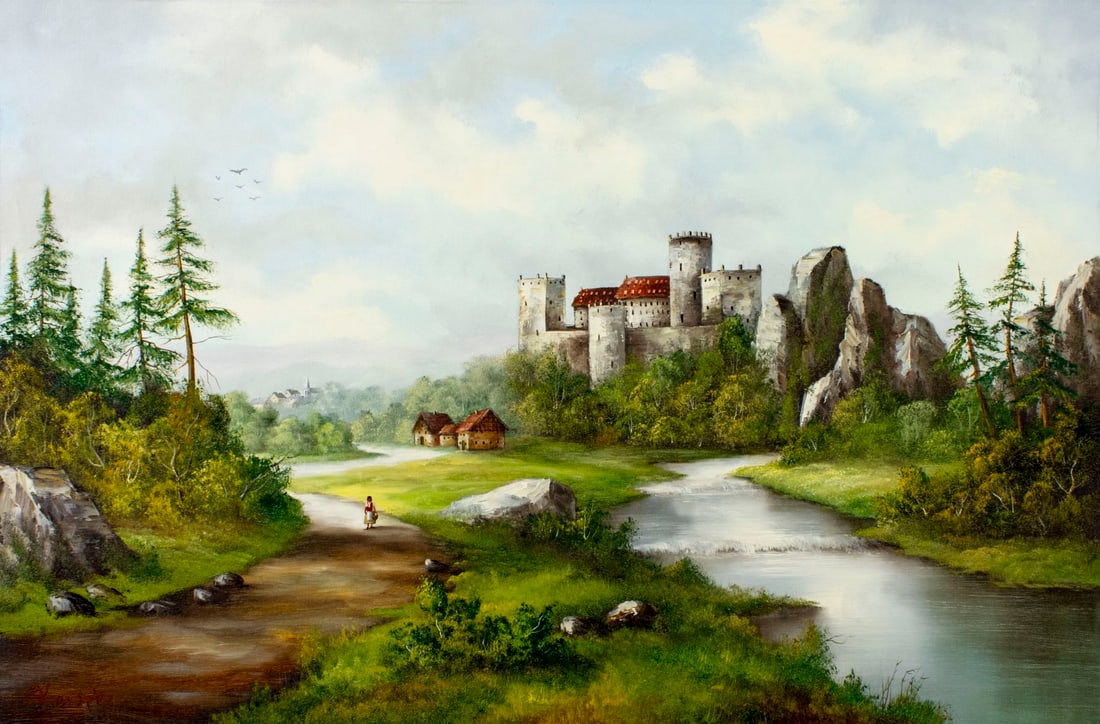 C Karopka (Europe,20C) oil painting: ARTIST: C Karopka (European, 20 century) TITLE: Castle Landscape MEDIUM: oil on canvas CONDITION: Unstretched (In-House stretching available) (In-House stretching available)