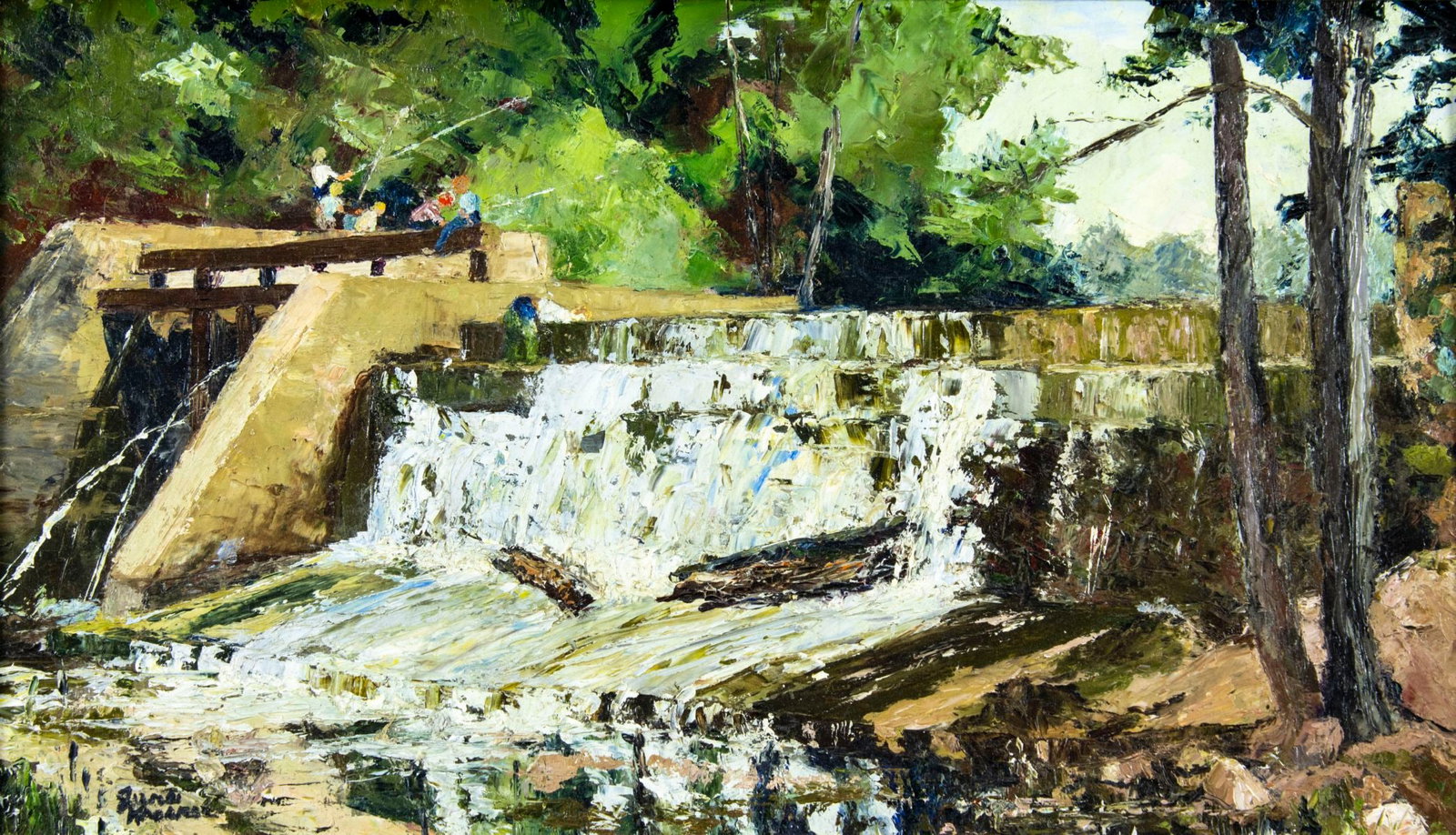 June Krasner (NJ,1905-1991) oil painting: ARTIST: June Krasner (New Jersey, 1905 - 1991) TITLE: Fishing the Falls (titled on verso) MEDIUM: oil on board CONDITION: Some flaking/paint losses (see pictures carefully