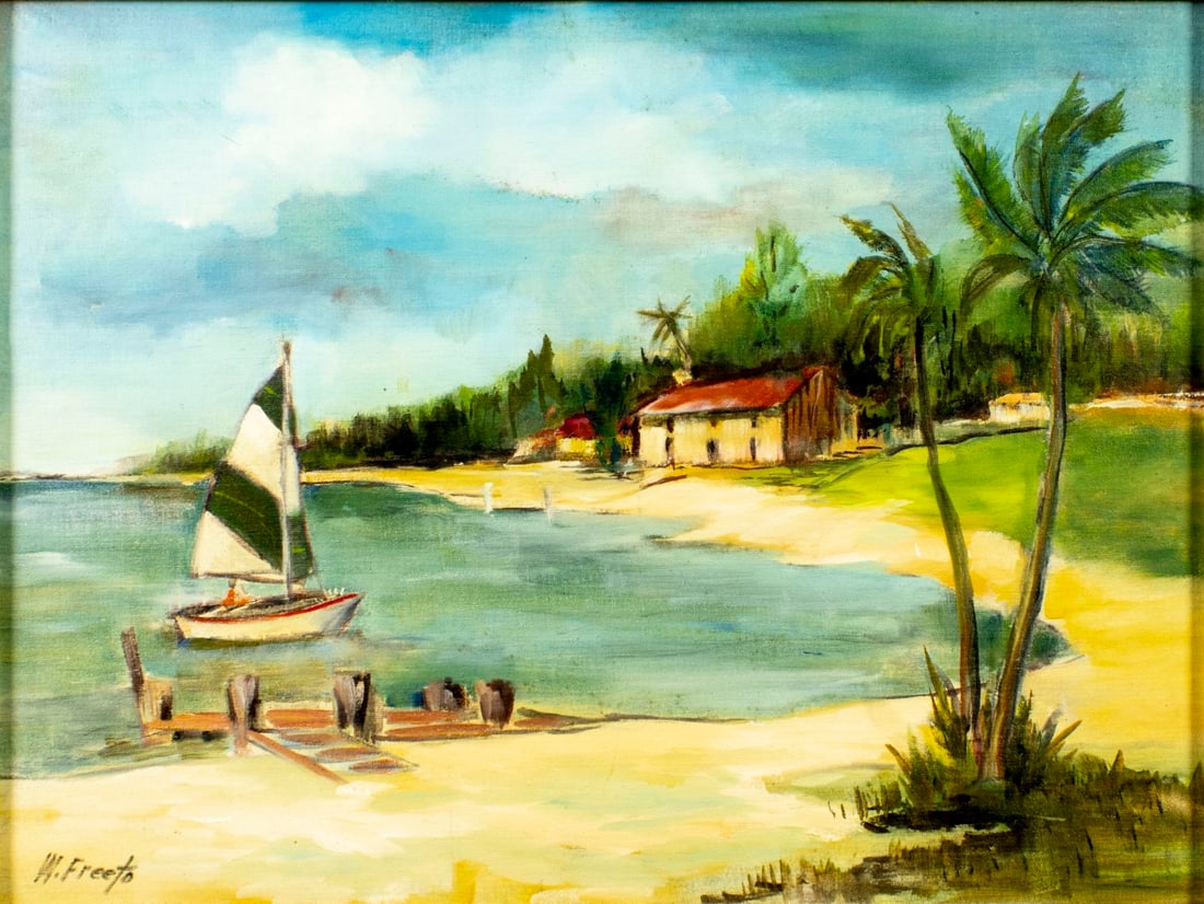 W Freeto (US,mid 20C) oil painting: ARTIST: W Freeto (American, mid 20 century) TITLE: Tropical Coastal Landscape with House MEDIUM: oil on canvas board CONDITION: Overall good. No visible inpaint under UV li