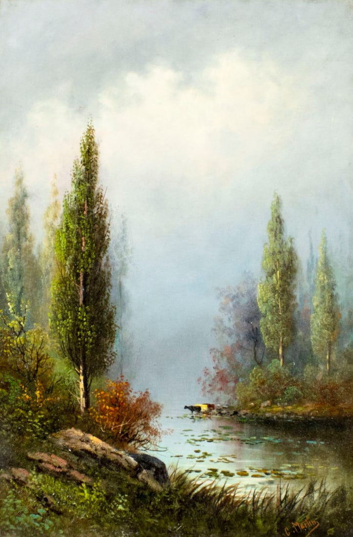 C Martin (US,19C) oil painting antique: ARTIST: C Martin (American, 19 century) TITLE: River Landscape MEDIUM: oil on canvas CONDITION: Relined. Few minor paint losses. No visible inpaint under UV light. Normal we