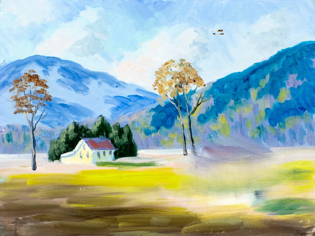 George Holloway (NJ,20C) oil painting: ARTIST: George Holloway (New Jersey, 20 century) TITLE: Hilly Landscape with House MEDIUM: oil on canvas board CONDITION: Minor damages to corners. Few small paint losses. N