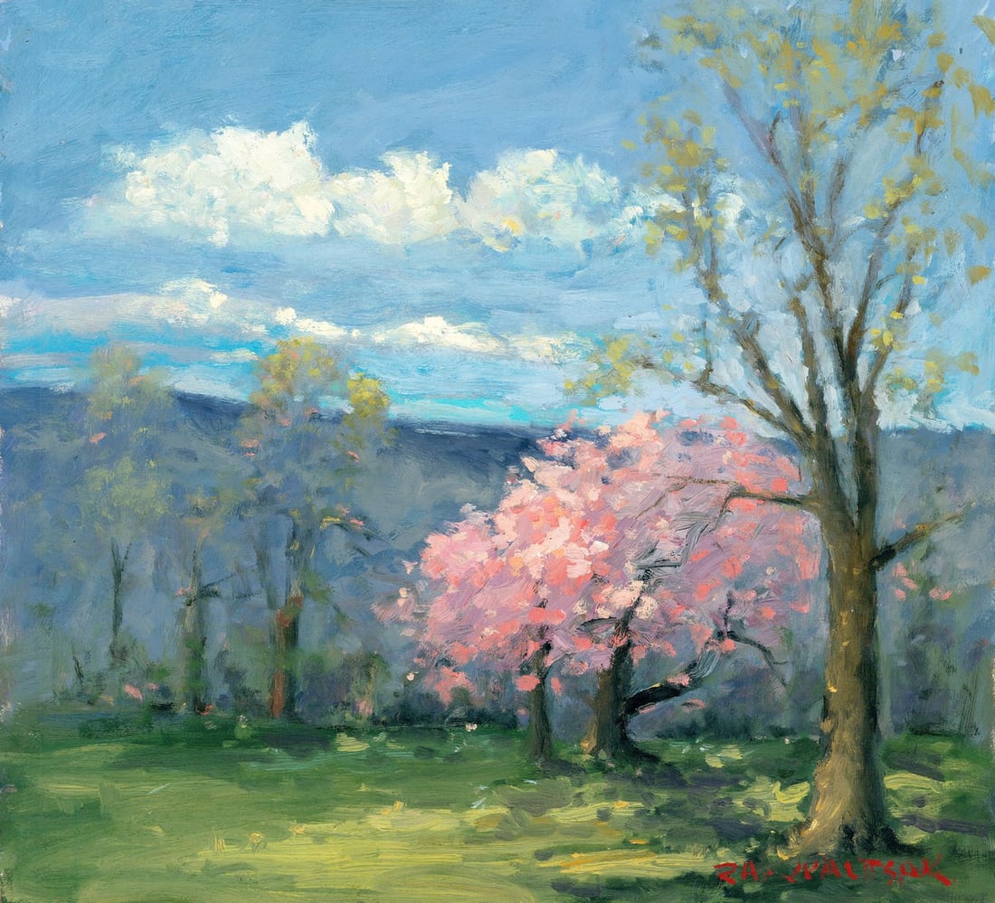 Robert Waltsak (NJ,b 1944) oil painting: ARTIST: Robert Alan Waltsak (New Jersey, born 1944) TITLE: Hilly Landscape MEDIUM: oil on board CONDITION: Minor damages to corners. Few minor paint losses. No visible inpai