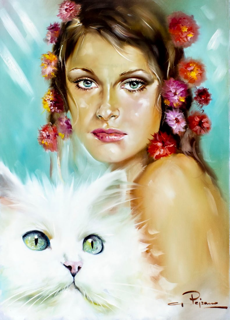 Gastone Peirano (Italy,20C) oil painting: ARTIST: Gastone Peirano (Italian, 20 century) TITLE: Portrait of Woman with Cat MEDIUM: oil on canvas CONDITION: Unstretched (In-House stretching available) (In-House stret