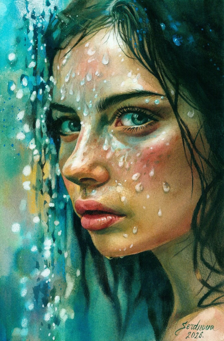 Anastasia Serdnova (Ukraine,b 1994) watercolor painting: ARTIST: Anastasia Serdnova (Ukrainian, born 1994) TITLE: Portrait of Woman MEDIUM: watercolor on heavy paper CONDITION: Very good. ART SIZE: 12 x 8 inche