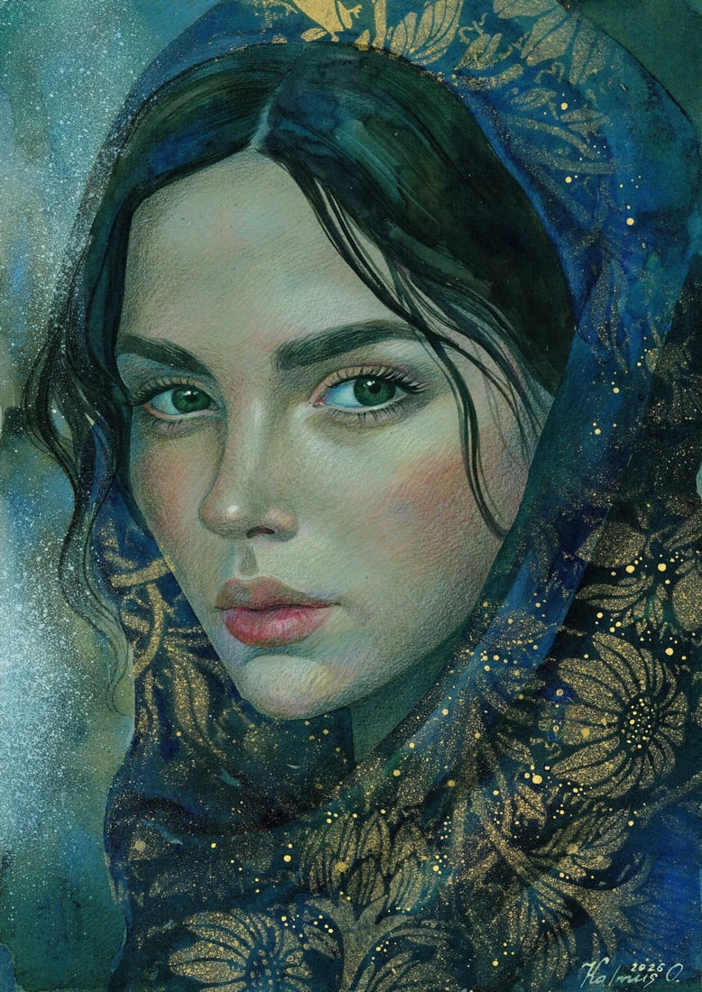 Olena Kalmus (Ukraine,b 1996) mixed media painting: ARTIST: Olena Kalmus (Ukrainian, born 1996) TITLE: Portrait of Woman MEDIUM: mixed media on heavy paper CONDITION: Very good. ART SIZE: 12 x 8 inches / 3