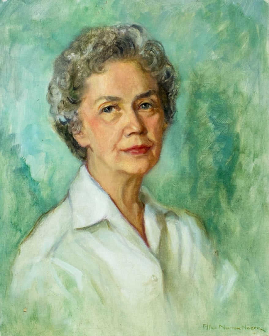 Ellice Norton Nager (US,20C) oil painting: ARTIST: Ellice Norton Nager (American, 20 century) NAME: Portrait of Woman MEDIUM: oil on canvas. Canvas applied to board. CONDITION: Very good. No visible inpaint under UV light. SIGHT S