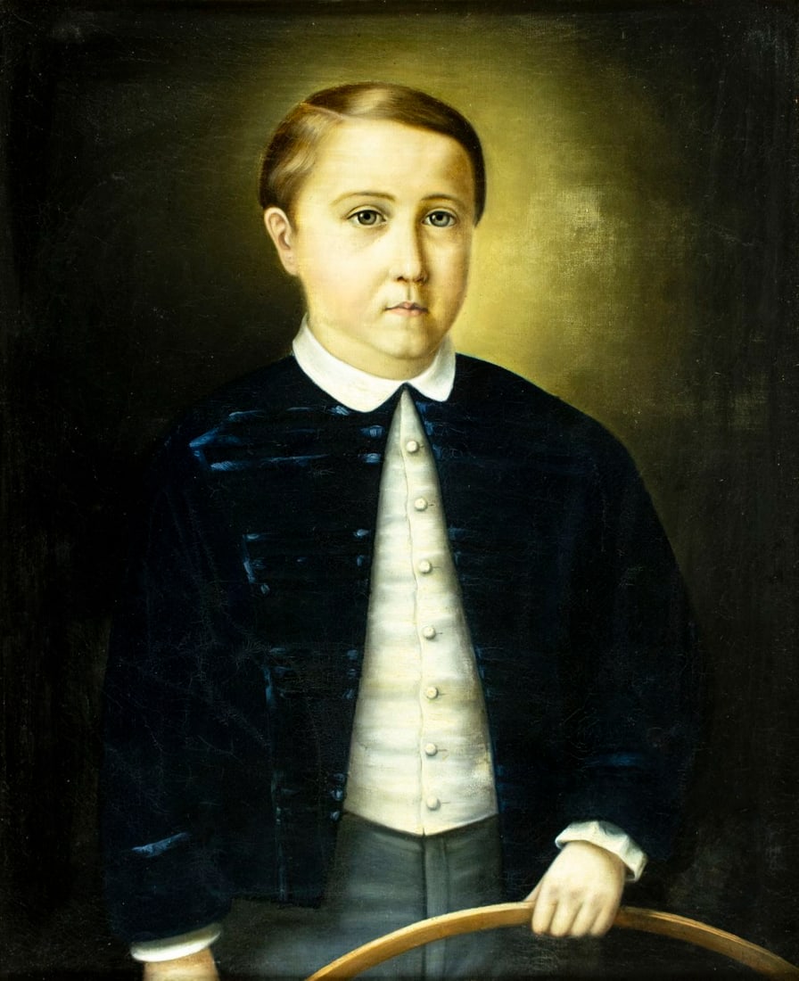Antique 19C French oil painting: ARTIST: - (France, 19 century) TITLE: Portrait of Boy MEDIUM: oil on canvas CONDITION: Two repaired punctures. Few small faint scratches. Some craquelure. Some scattered mi