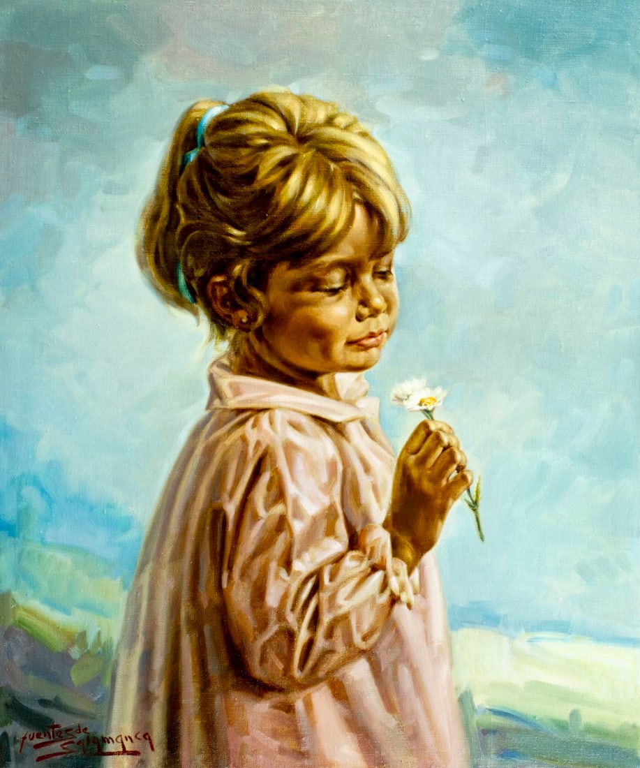 Jose Fuentes de Salamanca (Spain,1934-?) oil painting: ARTIST: Jose Fuentes de Salamanca (Spanish, 1934 - ???) TITLE: Portrait of Girl with Chamomile MEDIUM: oil on canvas CONDITION: Unstretched (In-House stretching available)